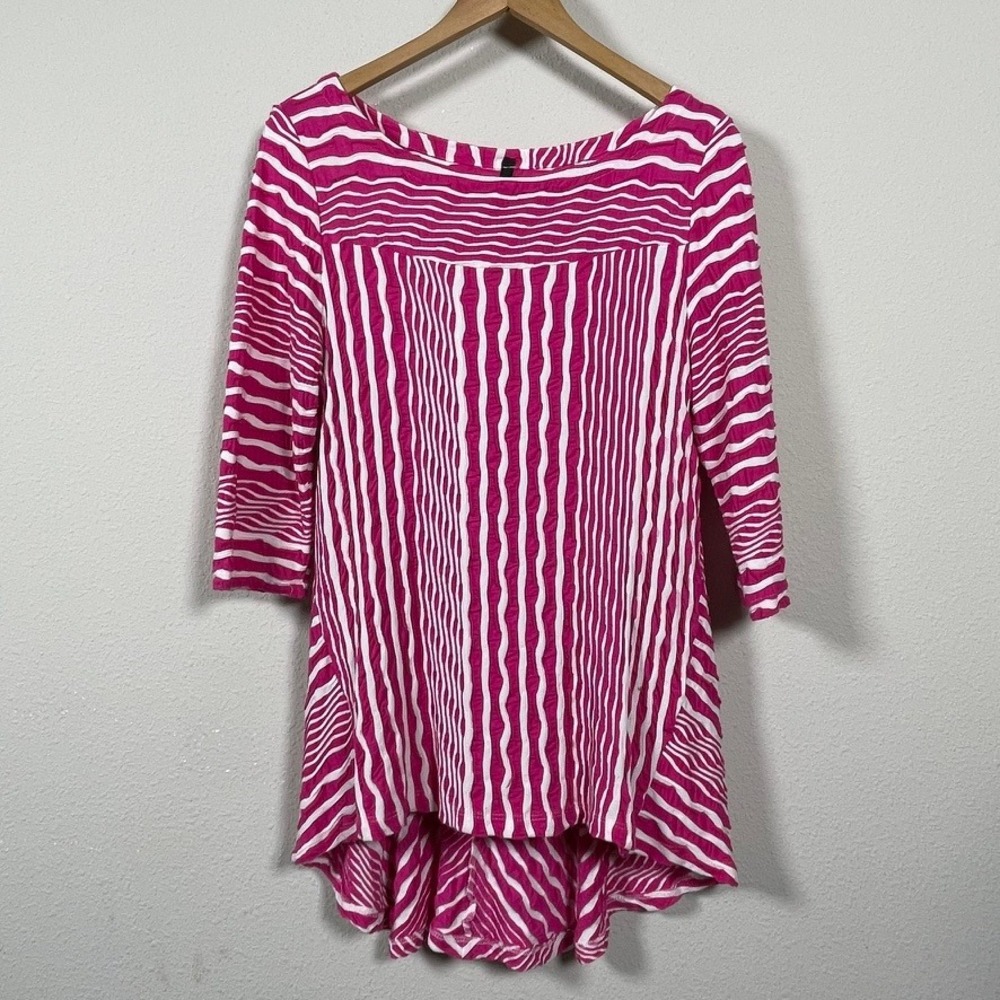 IC Collection Tunic Top Women L Pink‎ White Good Wavy Stripe High Low Textured